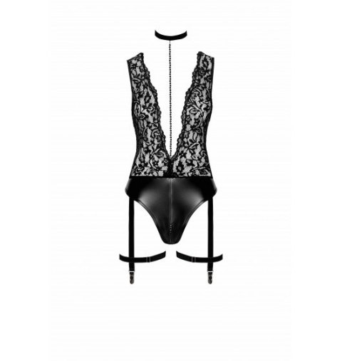 F297 Libido Deep-V bodysuit with collar, pearl chain and garter L