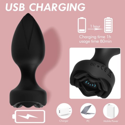 Wibrujący korek analny z różą Remote Control black