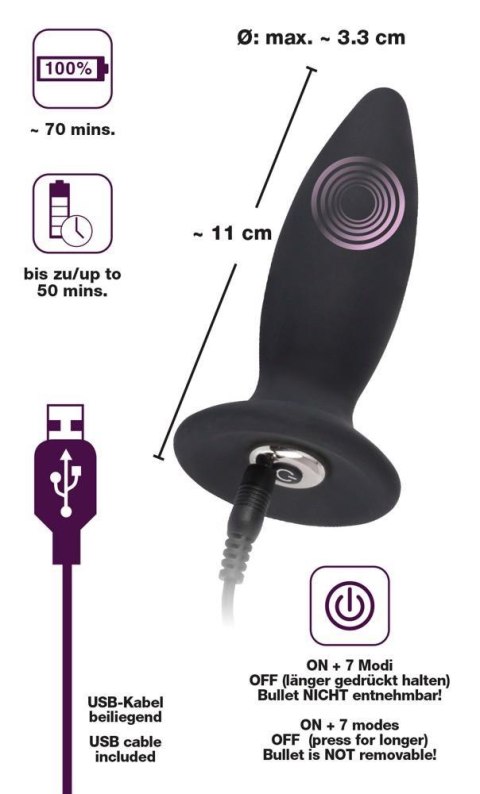 Wibrujący korek analny Black Velvets Recharge Plug S 11 cm